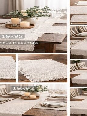 Neutral Pure White Woven Table Runner 19x92 & Placemat Set  - Home Dining-